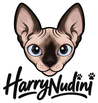 Harry Nudini logo with his original illustrated blue-eyed Sphynx face